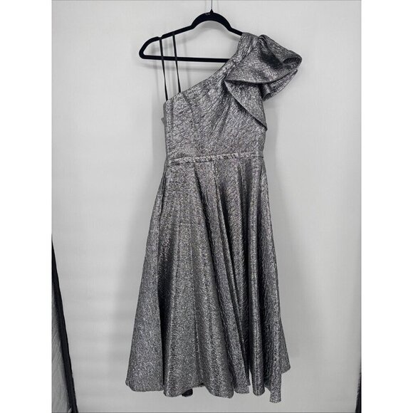 MAC DUGGAL Size 6 Silver Metallic One SHOULDER BOW MIDI BROCADE DRESS 67906 New - Picture 6 of 10
